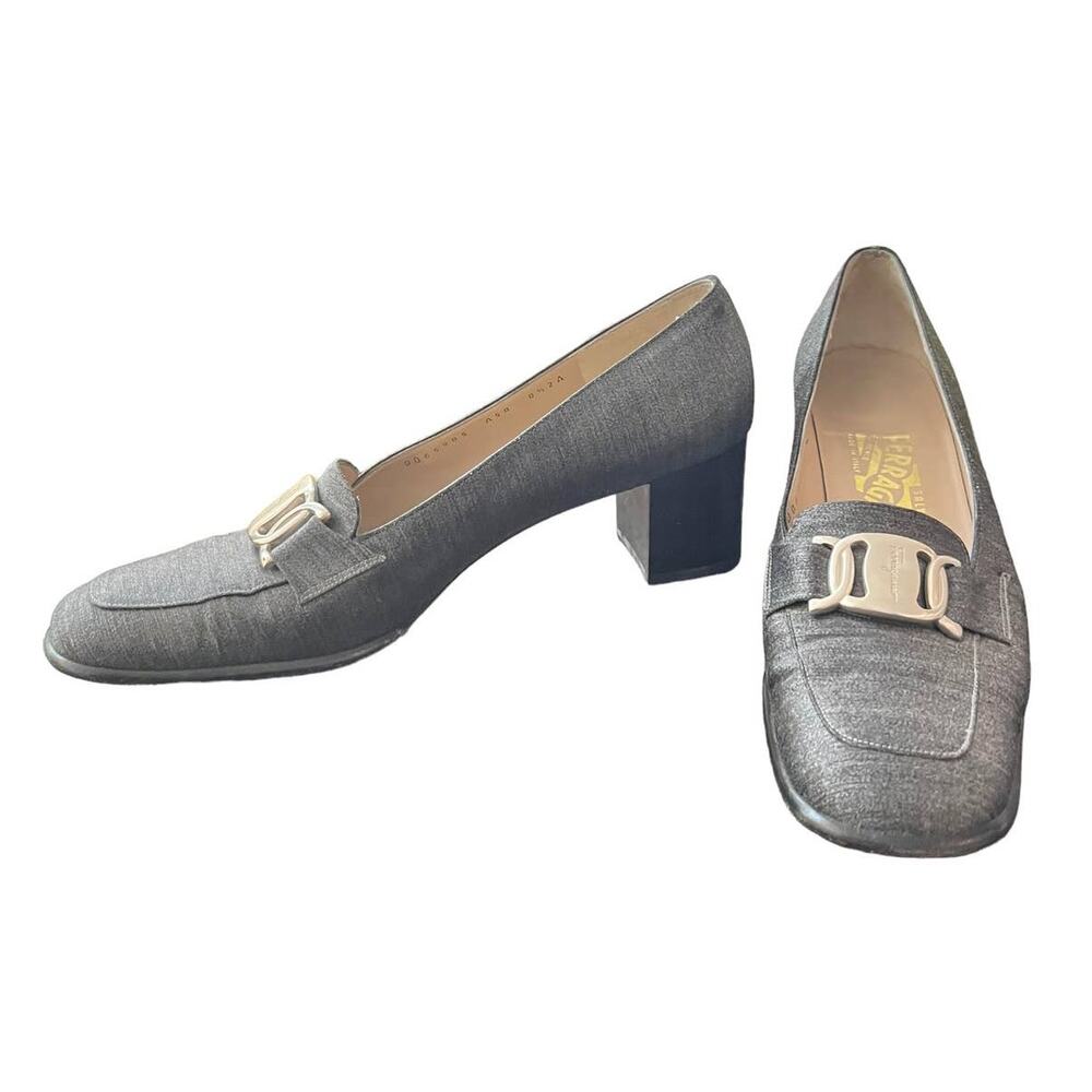 Vintage Salvatore Ferragamo Silver Buckle Block Heel Loafers Size 8.5AA